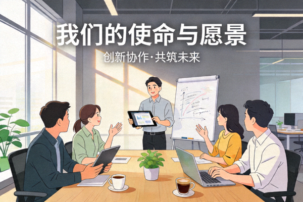 关于我们使命愿景配图 - 团队在现代化办公室中协作讨论的场景