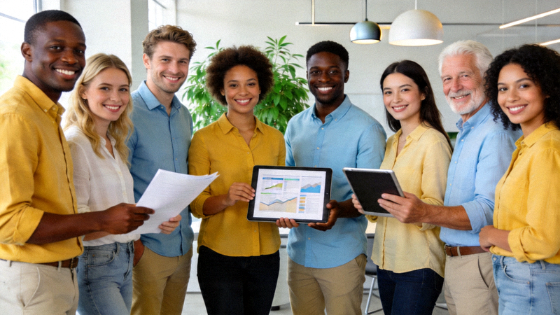 团队理念配图 - 多元化团队成员在明亮环境中微笑协作的合影